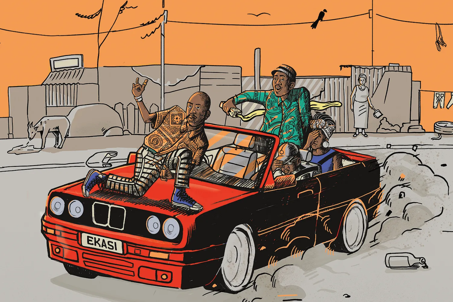 Illustration of a lively Lagos street with people riding in a car